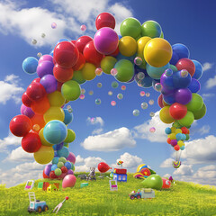 Multi-colored balls flying in the sky, Children's Day, art, illustration, ai generative	