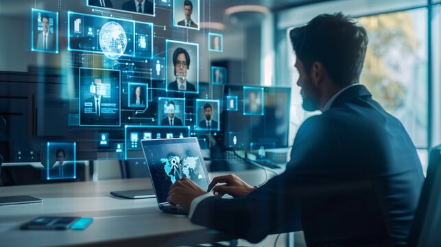 Businessman looking at multiple personal profiles. Modern technology online hiring process