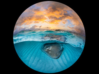 Split level view of a Southern stingray (Dasyatis americana) female, swimming over a shallow sandy seabed at dawn, Grand Cayman, Cayman Islands, Caribbean Sea.  