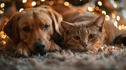 Cat and Dog at Christmas - A cat and a dog lying on a carpet with Christmas lights in the background.