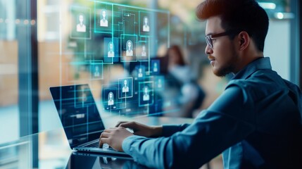 Businessman analyzing digital candidate resume. Modern technology online hiring process