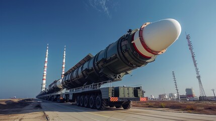 A group of the world's largest intercontinental ballistic missiles, blue sky. Generative AI.