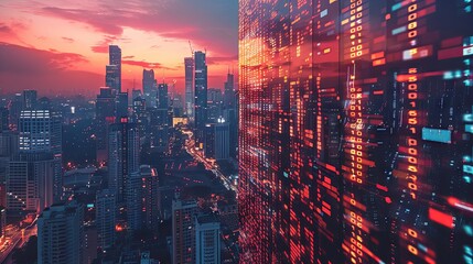Image of financial data processing over skyscraper