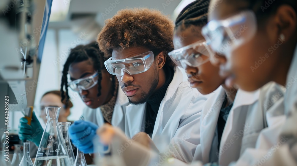 Poster a group of students working on a science experiment in a laboratory. they are wearing lab coats and 