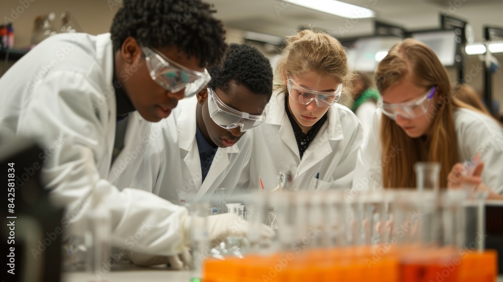 Poster a group of students working on a science experiment in a laboratory. they are wearing lab coats and 