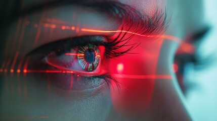 Close-up of human eye with futuristic digital enhancement. Cybersecurity biometric technology concept.