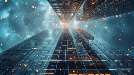 Image of financial data processing over skyscraper