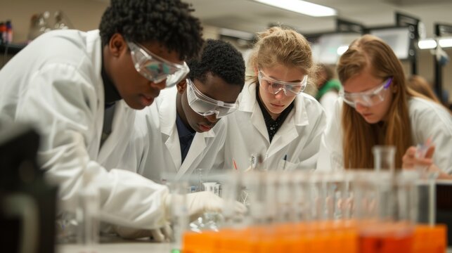 A group of students working on a science experiment in a laboratory. They are wearing lab coats and safety goggles.