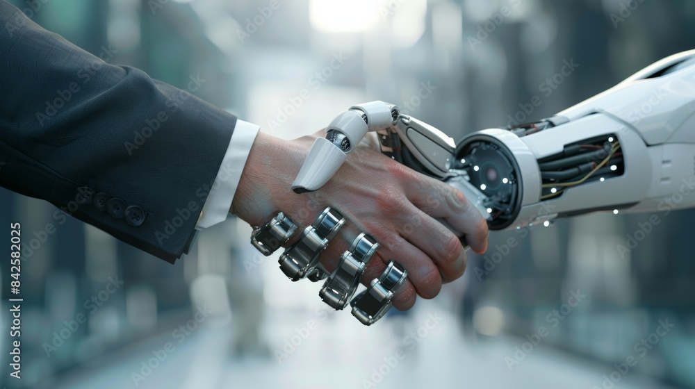 Poster a handshake between a businessperson and a robot, signifying the integration of technology and human