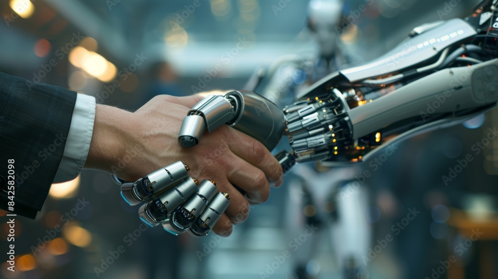Poster a handshake between a businessperson and a robot, signifying the integration of technology and human