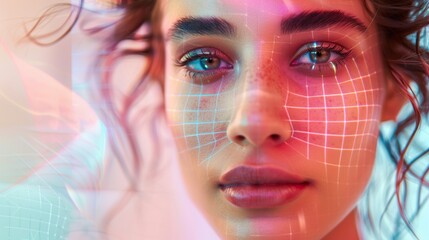 Woman with glowing skin and digital light effects. Beauty enhancement concept.