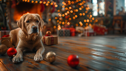 Puppy at Christmas - A puppy lying on the floor with a Christmas tree and decorations in the background.