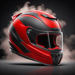 Fototapeta premium Red And Black Ventilated Motorcycle Full Face Racing Helmet On A Dark Isolated Background Surrounded By Smoke 300 PPI high resolution Product Photography Style