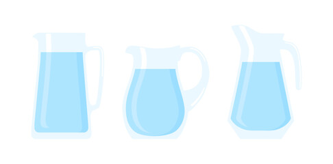 Transparent glass jugs of various shapes filled with water, isolated on a white background. Flat vector illustration