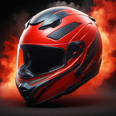Red And Black Ventilated Motorcycle Full Face Racing Helmet On A Dark Isolated Background Surrounded By Smoke 300 PPI high resolution Product Photography Style