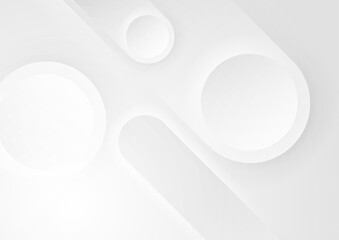 Grey white minimal geometric background with glossy circles and stripes. Vector tech design