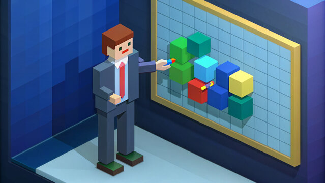 Portrait of young handsome businessman writing marketing idea by using colorful marker on glass wall with graph and mind map. Manager sharing idea or financial strategy. Business plan. Tracery. - Powered by Adobe