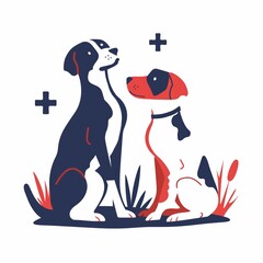 Playful dogs in a modern, stylized outdoor setting with vibrant two-tone color scheme.