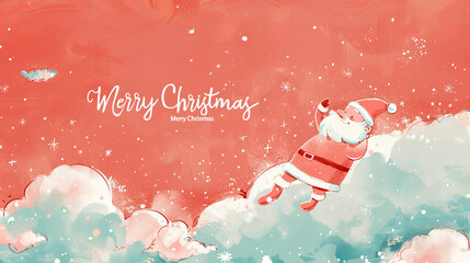 christmas greeting card - Santa Claus in the clouds with a red snowy background.