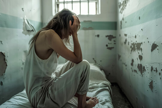 In a rundown prison cell, a troubled woman shows deep sadness. The damaged walls and barred window worsen her isolation, adding to her mental health struggles - Powered by Adobe