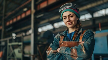 female welder posing confidently while working in an industrial plant or in a garage.