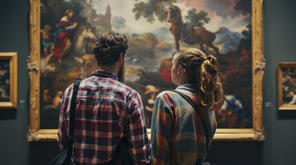 Obraz premium Two art gallery workers examining paintings in a museum exhibition.