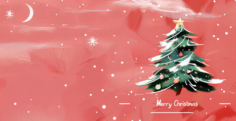 christmas background with christmas tree - a Christmas tree in a snowy scene with a red background.