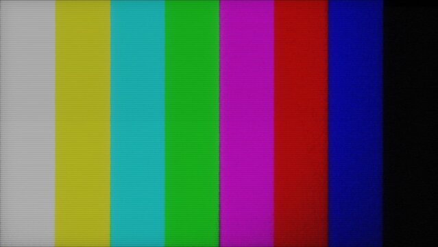 No signal, glitch retro TV screen. Distortion analog TV signal. Television error screen. SMPTE color bars data glitches. Bad signal, damaged interference, flickering old vintage TV screen.