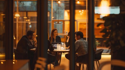 Cozy evening team meeting at a modern office with warm lighting