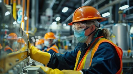 Workers in Safety workers wearing personal protective equipment (PPE) such as hard hats, safety glasses, and reflective vests, performing tasks within the factory