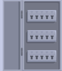 Grey metallic electrical switchboard containing circuit breakers is used to control and distribute electrical energy