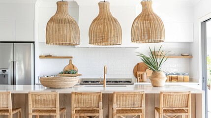 Modern Coastal Dining Room with Woven Pendant Lights - Natural Material Comfort
