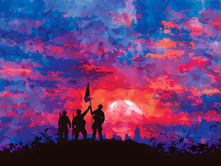 Fototapeta premium 4th of July Honor: Soldiers Silhouetted with American Flag
