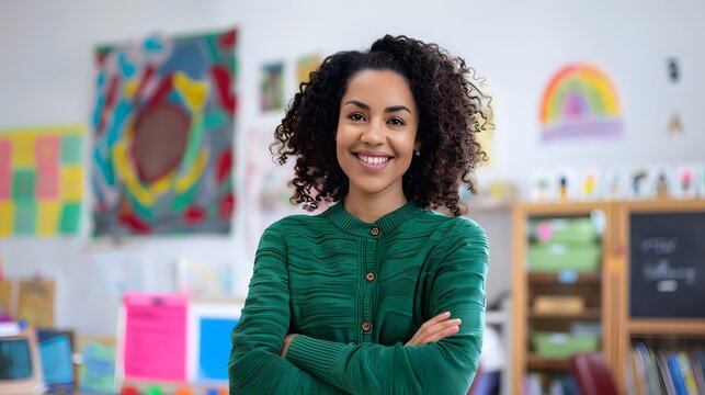 Portrait of smiling african american woman teacher posing with arms crossed in classroom, elementary to university education, copy space