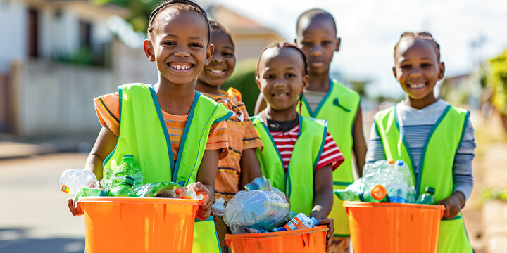 A group of cheerful African children wearing bright safety vests actively participate in a neighborhood recycling drive, promoting environmental stewardship.