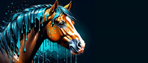 Cartoon illustration of a horse face with watercolor dripping effect on dark background