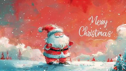 christmas background with santa claus - Santa Claus standing alone in the snow with a red background.