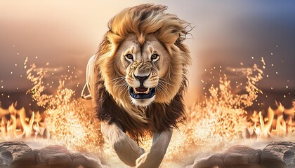 A powerful lion roaring fiercely with flames blazing in the background. The intense expression and dynamic setting convey strength and dominance, perfect for themes of wildlife and raw power.
