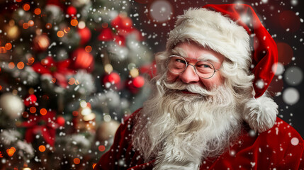 Santa Claus with Snowflakes - Santa Claus smiling in front of a Christmas tree with snowflakes falling.