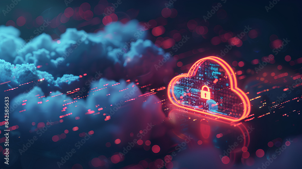 Poster abstract illustration of cloud security services, stylized cloud icon integrated with a secure padlo