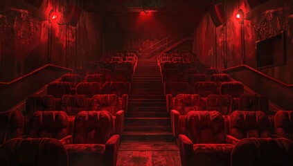 Red cinema hall with rows of velvet armchairs