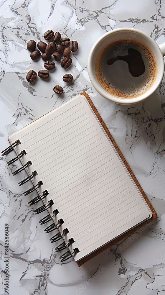 Aufkleber mock-up of blank pages of an open notebook with copy-space for text on a white marble background wit
