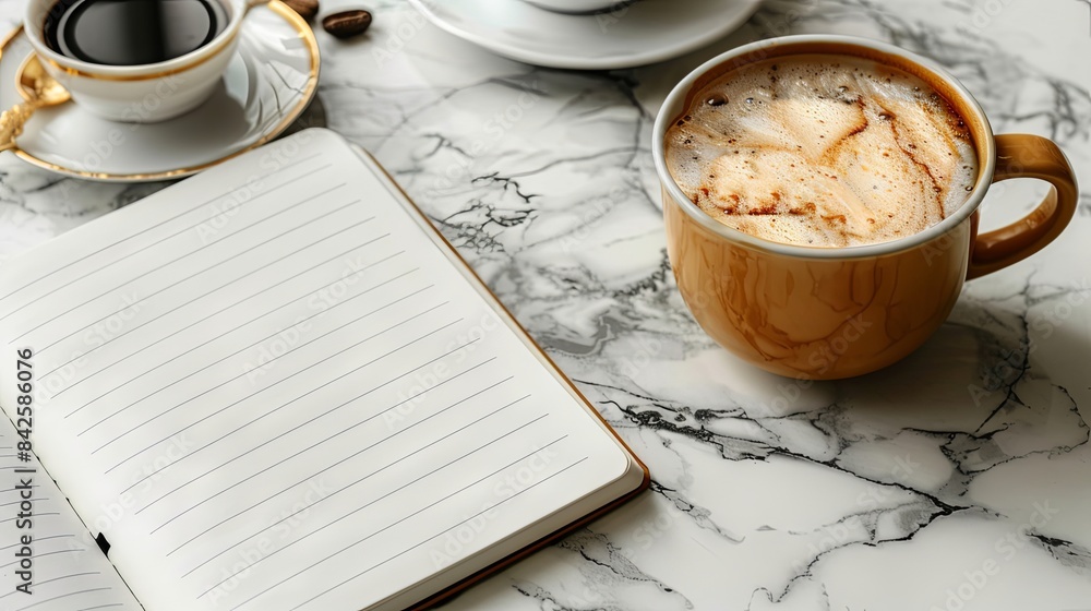 Fototapete mock-up of blank pages of an open notebook with copy-space for text on a white marble background wit