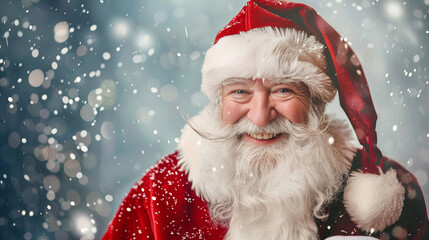 Santa Claus in Snowfall - Santa Claus smiling with snow falling around him.