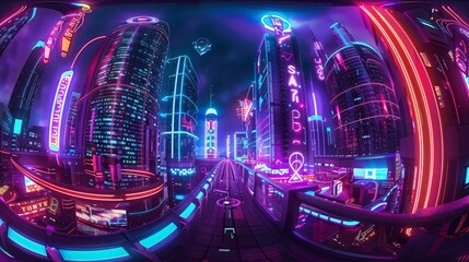 High-resolution 360Â° panorama capturing the futuristic urban environment.