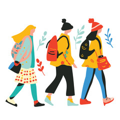 Three women walking together casually dressed colorful clothing, woman carries bags, showcasing different fashion styles, against white background. Young females walking side side, expressing