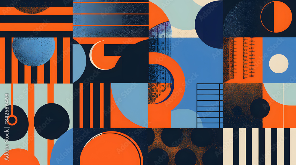 Poster abstract retro vector graphics. blue and orange color palette. bold shapes and patterns