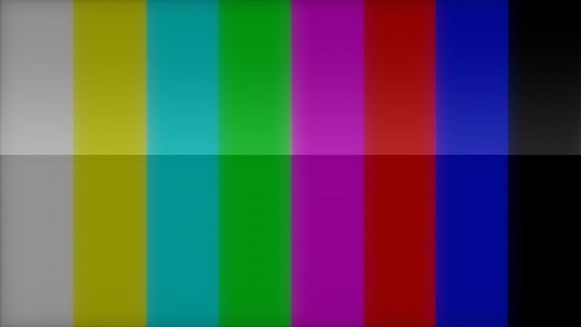 No signal, glitch retro TV screen. Distortion analog TV signal. Television error screen. SMPTE color bars data glitches. Bad signal, damaged interference, flickering old vintage TV screen.
