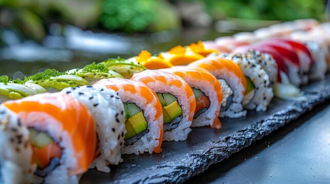 A colorful assortment of fresh sushi rolls displayed beautifully on a slate plate, perfect for any food-themed project or culinary presentation.