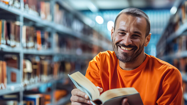 A smiling man is deeply immersed in a book in a welllit library, surrounded by shelves of books, providing an ideal setting for learning and relaxation